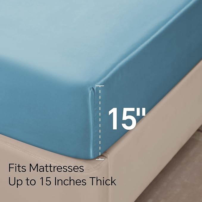BEDELITE Satin Sheets Twin Size Bed Set, Luxury Soft Airy Blue Silky Sheets - Image 6