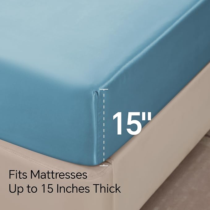 BEDELITE King Size Sheets Set, Luxury Soft Airy Blue Satin Sheets - Image 6