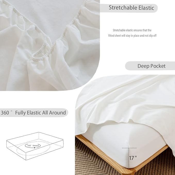 MooMee Fitted Bottom Sheet Only 100% Washed Cotton Linen Like Textured - Image 4