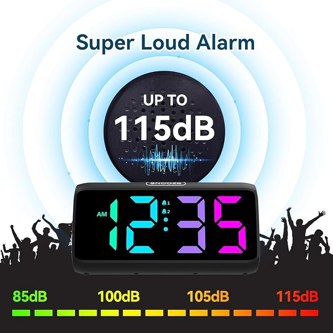 Netzu Loud Alarm Clock for Heavy Sleepers, RGB Alarm Clocks for Bedrooms - Image 3