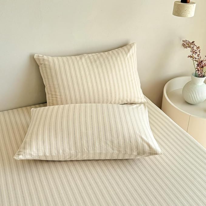 PinkMemory Beige Striped Duvet Cover Set King 100% Washed Cotton Beige Striped - Image 5