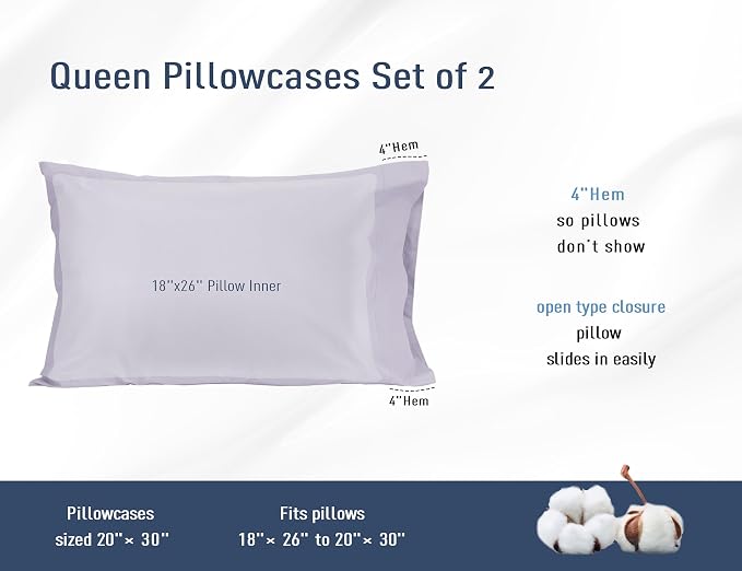Pillow Cases, Standard Queen Size Cotton Percale Weave Pillowcases, Pre-Shrunk - Image 3