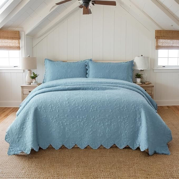 Brandream Luxury 100% Cotton Quilt Set King Size Blue Floral Vine Matelasse - Image 3