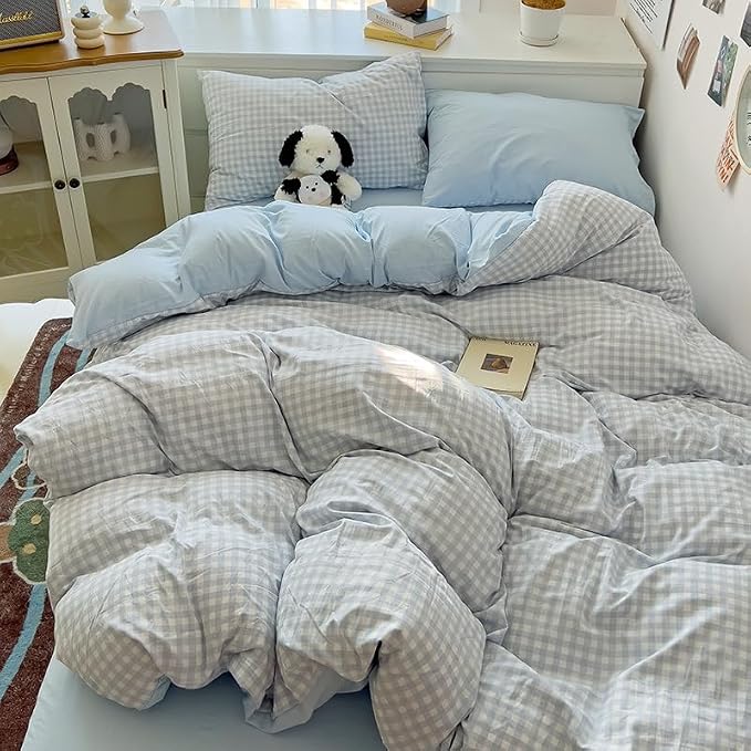Nayoroom Blue Gingham Duvet Cover Twin Size Reversible Plaid Checkered Duvet - Image 4