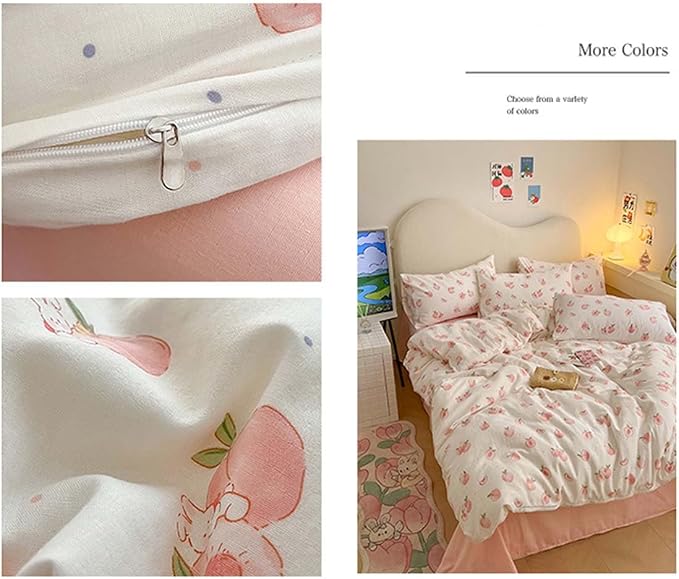 Nayoroom Pink Peach Duvet Cover Queen Size Kawaii Fruit Peaches Rabbit Printed - Image 7