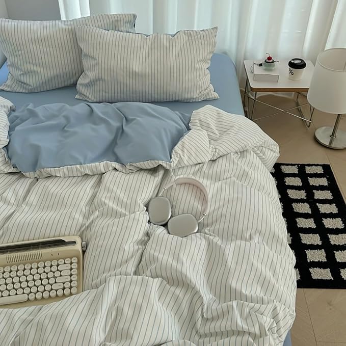 Nayoroom Blue Striped Duvet Cover Queen Size 100% Washed Cotton Duvet Cover - Image 4