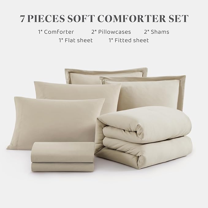 WRENSONGE Oversize King Size Comforter Sets- 7 Pieces Soft Light Oatmeal Bed in - Image 7