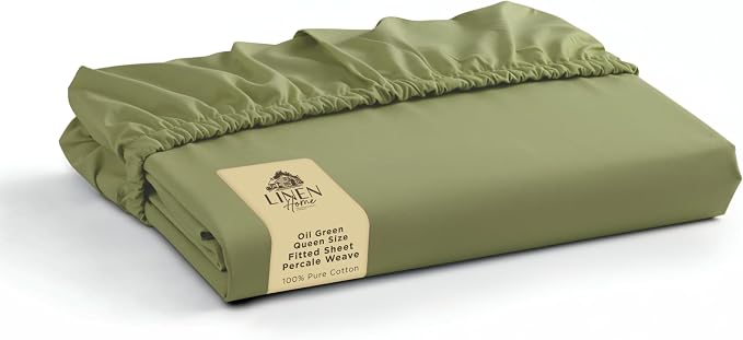 Linen Home 100% Cotton Percale Weave Fitted Sheet, Queen Size, Oil Green by LINENHOME