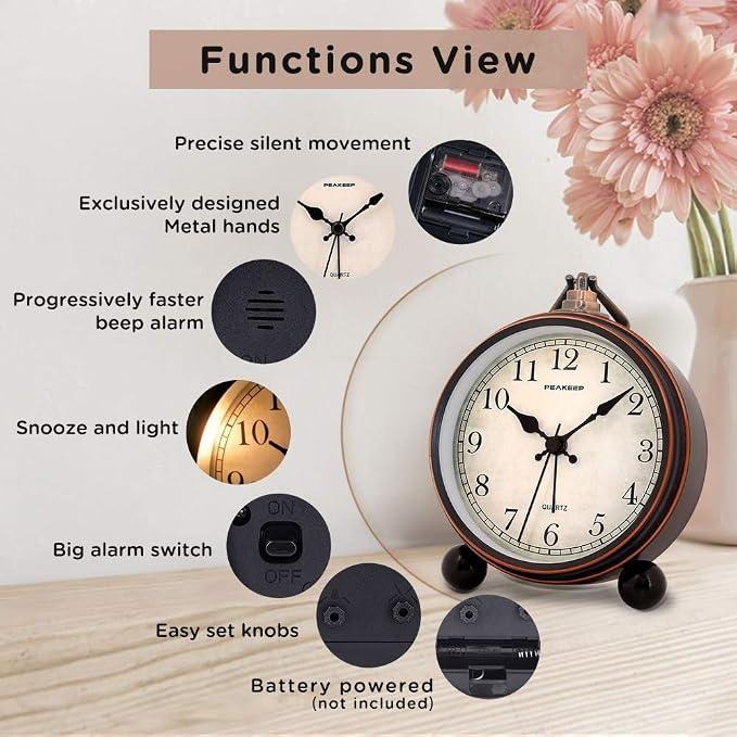 Peakeep 4" Small Battery Operated Antique Retro Analog Alarm Clock - Image 4
