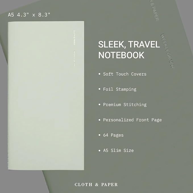 Cloth & Paper Travel Notebook | Weekly Planner Graph – Matcha | A5 Slim Weekly - Image 3
