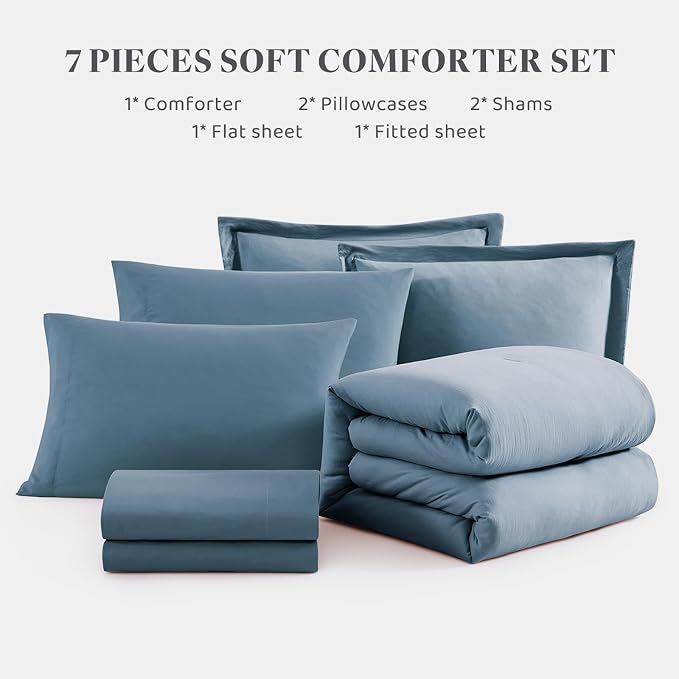 WRENSONGE Queen Comforter Set- 7 Pieces Soft Oxford Blue Bed in a Bag - Image 8