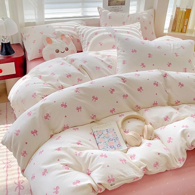 Nayoroom Pink Bow Duvet Cover Twin Size Heart Bows Printed Coquette Bedding Set - Image 4