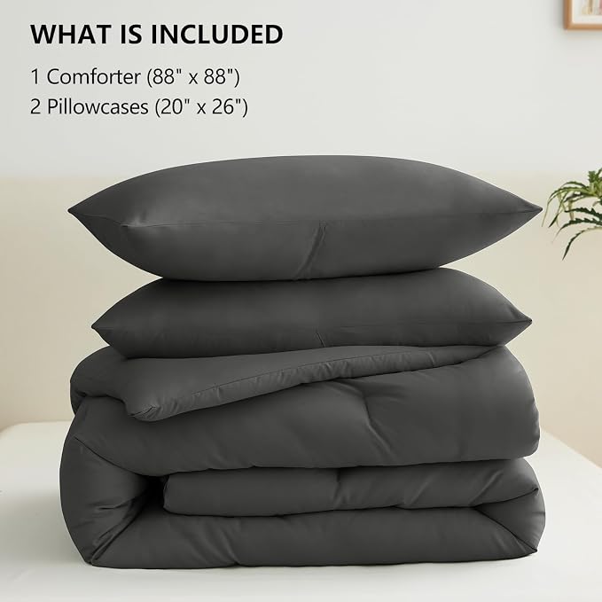 CozyLux Queen Comforter Set Dark Grey, 3 Pieces Solid Comforters Queen Size - Image 6
