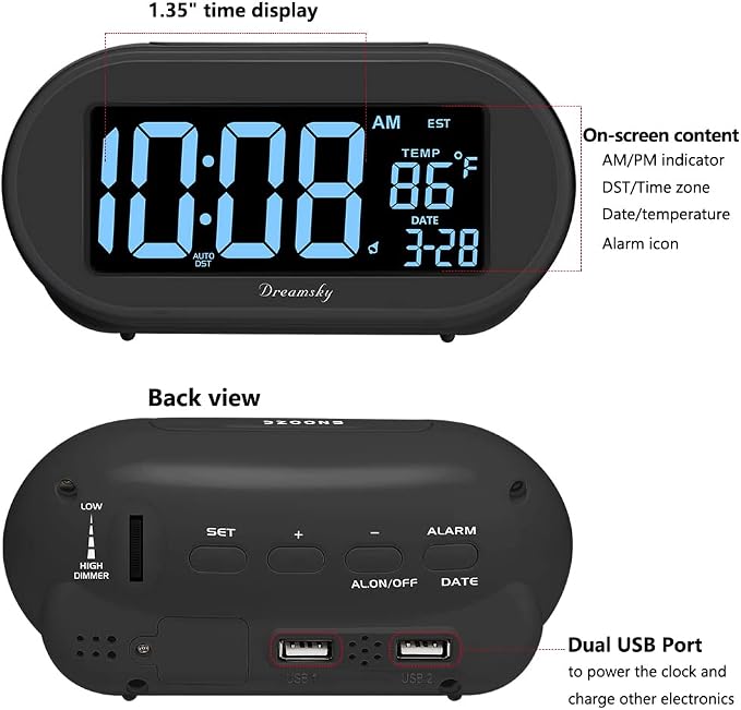 DreamSky Alarm Clocks for Bedrooms, Auto Set Digital Desk Clock for Bedside - Image 8