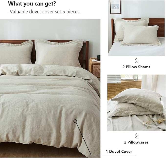 Simple&Opulence 100% Washed Linen Duvet Cover Set 5pcs Basic Style Natural - Image 4