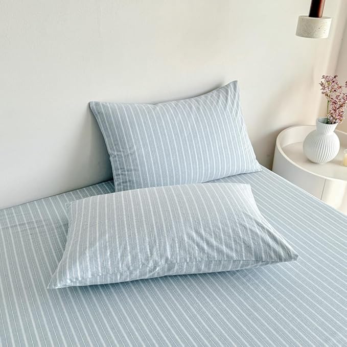 PinkMemory Blue Striped Duvet Cover Set Queen 100% Washed Cotton Blue Stripes - Image 5
