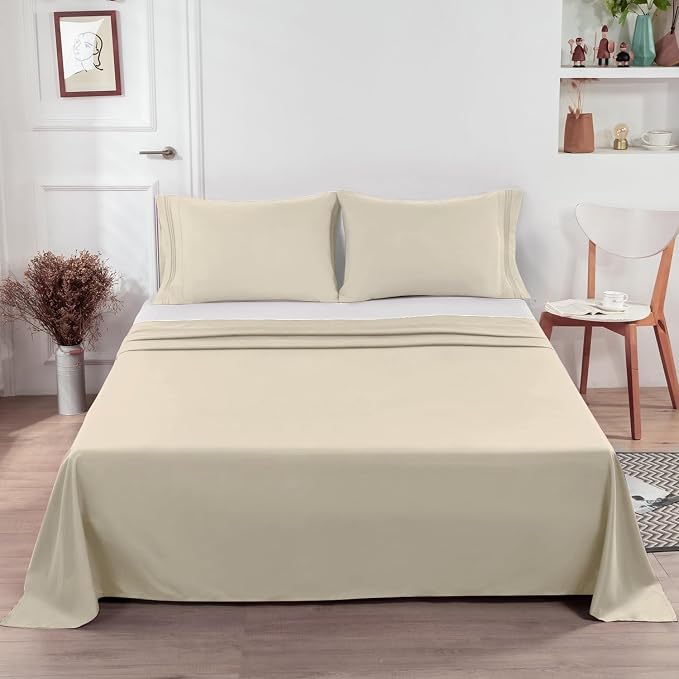 Lirex Beige Flat Sheet Twin, Ultra Soft & Breathable Brushed 1800 Microfiber - Image 6