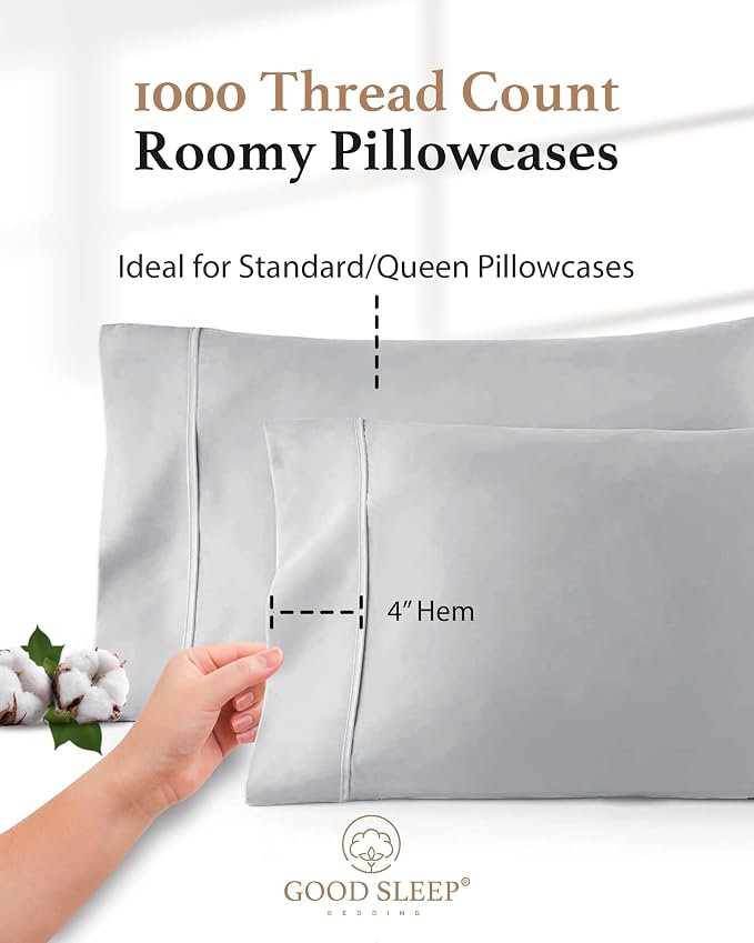 1000 TC Light Gray Standard Pillowcases Set of 4 100% Egyptian Cotton Pillow - Image 3