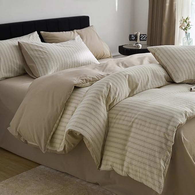 Nayoroom Beige Striped Duvet Cover Queen Size 100% Washed Cotton Duvet Cover - Image 2