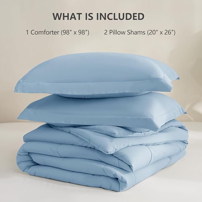 CozyLux Oversized Queen Comforter Set, 3 Pieces Baby Blue 98x98 Box Stitched - Image 6