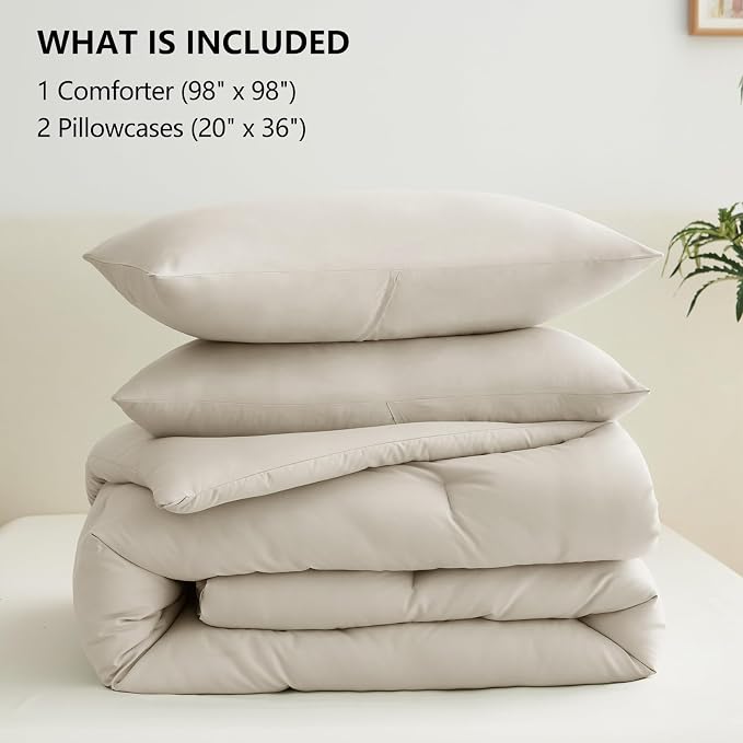 CozyLux Oversized Queen Comforter Set Beige, 3 Pieces 98x98 Solid Breathable - Image 6