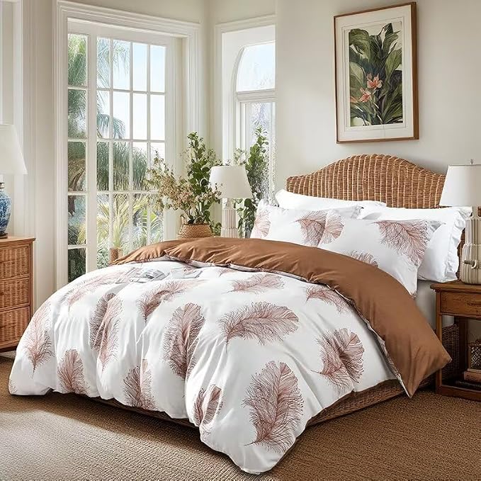 OAITE Duvet Cover King Size, Reversible Leaf Brown Duvet Cover Set - Image 2