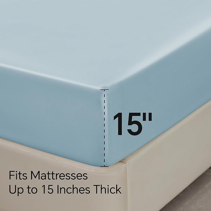 BEDELITE Satin Sheets Queen Size Bed Set, Luxury Soft Light Blue Silky Sheets - Image 6