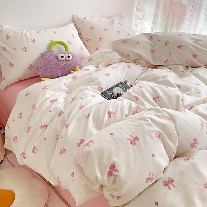 Nayoroom Pink Bow Duvet Cover Full Size Heart Bows Printed Coquette Bedding Set - Image 5