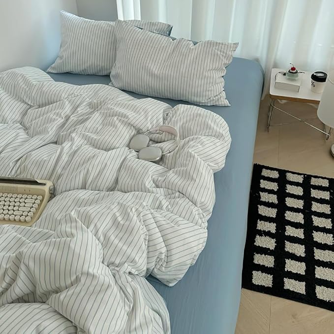 Nayoroom Blue Striped Duvet Cover Queen Size 100% Washed Cotton Duvet Cover - Image 6