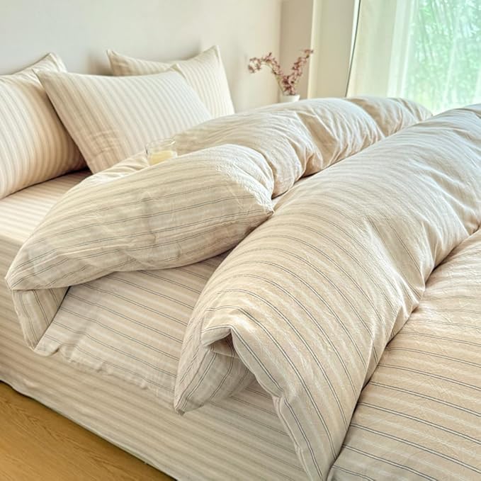 PinkMemory Beige Striped Duvet Cover Set Queen 100% Washed Cotton Beige Wide by PinkMemory