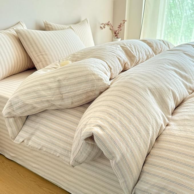 PinkMemory Beige Striped Duvet Cover Set King 100% Washed Cotton Beige Striped by PinkMemory