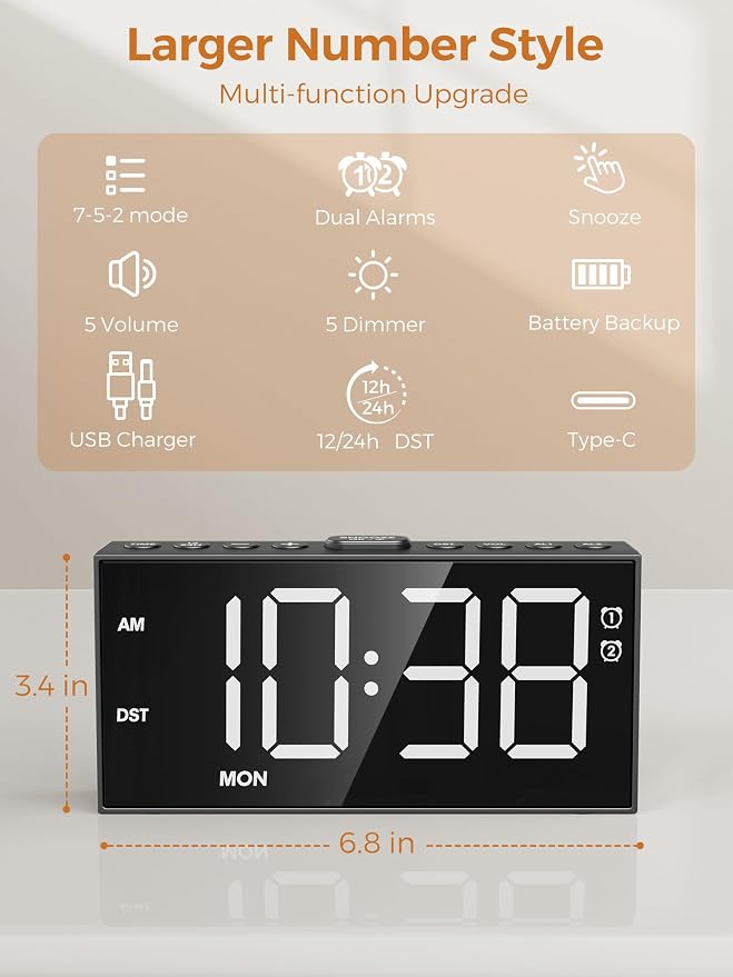 PPLEE Alarm Clock for Bedroom, Upgrade Digital Clock Large Bold Number - Image 7