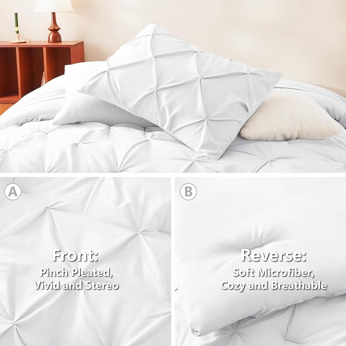 HIMEET Pintuck Bed in a Bag, 7 Pieces Oversized King Comforter Set White - Image 3