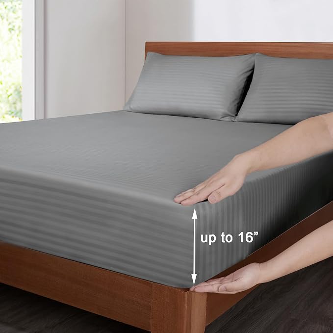 Mejoroom Striped Grey-01 1800 Thread Count Queen Sheet Set - Image 3