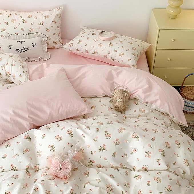 Nayoroom Pink Floral Duvet Cover Queen Size Reversible Green Botanical Leaf - Image 3