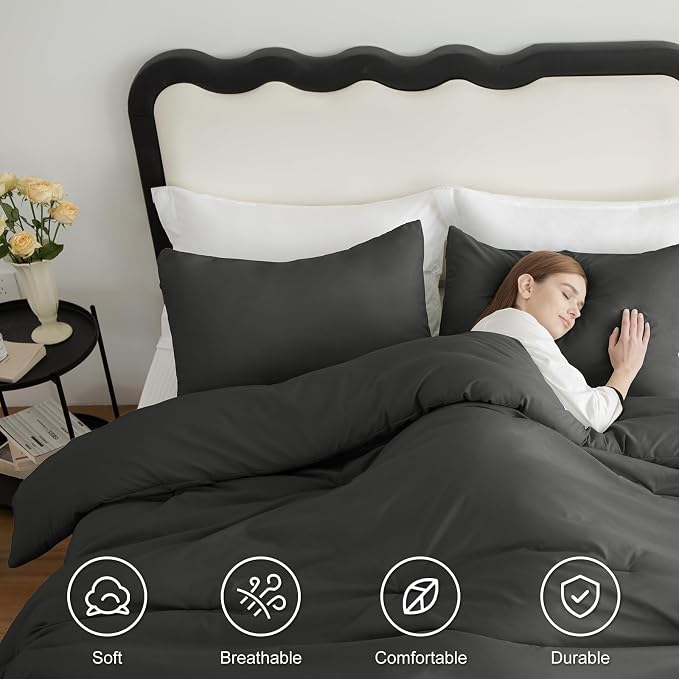 CozyLux Super King Plus Comforter Set Dark Grey, 3 Pieces 128x120 Solid - Image 5
