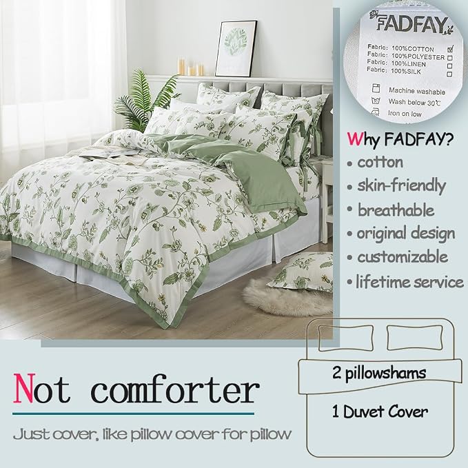 FADFAY Green Duvet Cover Set Twin Floral Bedding 100% Cotton Shabby Vintage - Image 2