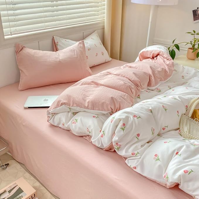 Nayoroom Pink Floral Duvet Cover Queen Size Coquette Tulip Printed on White by Nayoroom
