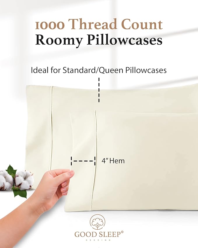 1000 TC Ivory Standard Pillowcases Set of 4 100% Egyptian Cotton Pillow Cases - Image 5