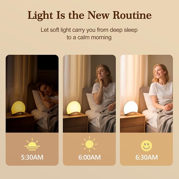 REACHER Wood Grain Sunrise Alarm Clock and Sound Machine Nightlight, Digital - Image 2