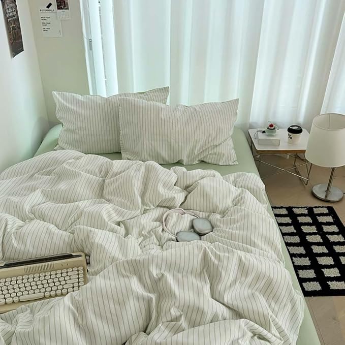 Nayoroom Green Striped Duvet Cover Queen Size 100% Washed Cotton Duvet Cover - Image 5