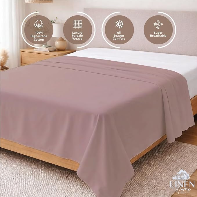 Linen Home 100% Cotton Percale 1 Flat Sheet, Queen Size - Image 3