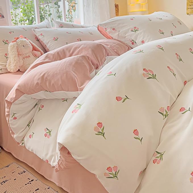 Nayoroom Pink Floral Duvet Cover Full Size Coquette Tulip Printed on White - Image 7