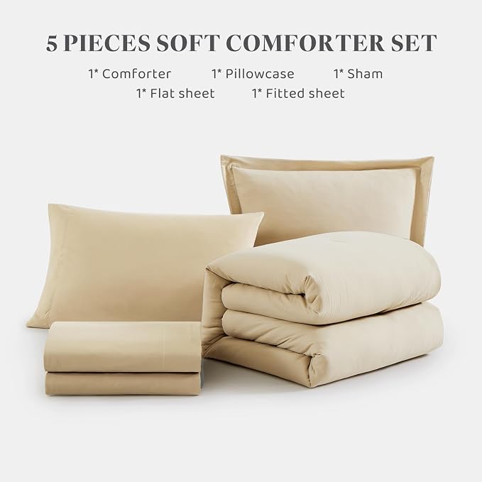 WRENSONGE Twin Comforter Set- 5 Pieces Beige, All Season Twin XL Bedding Sets - Image 8