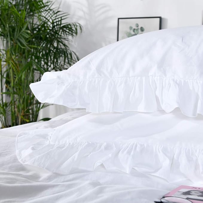 QSH White Ruffle Duvet Cover Queen Washed Cotton Farmhouse Shabby Boho Chic - Image 3