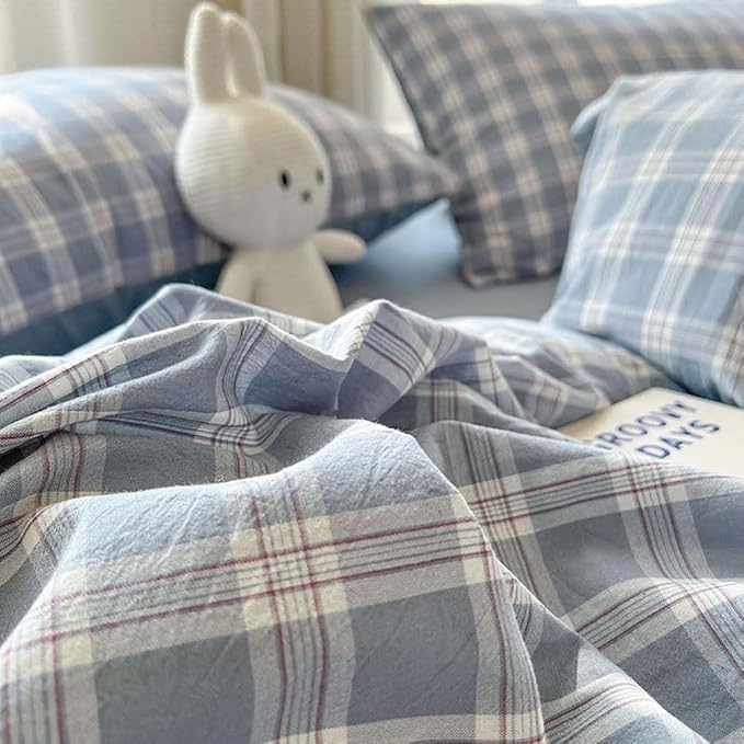 Nayoroom Plaid Duvet Cover Queen Size Blue Checkered Gingham Duvet Cover 3 Pcs - Image 6