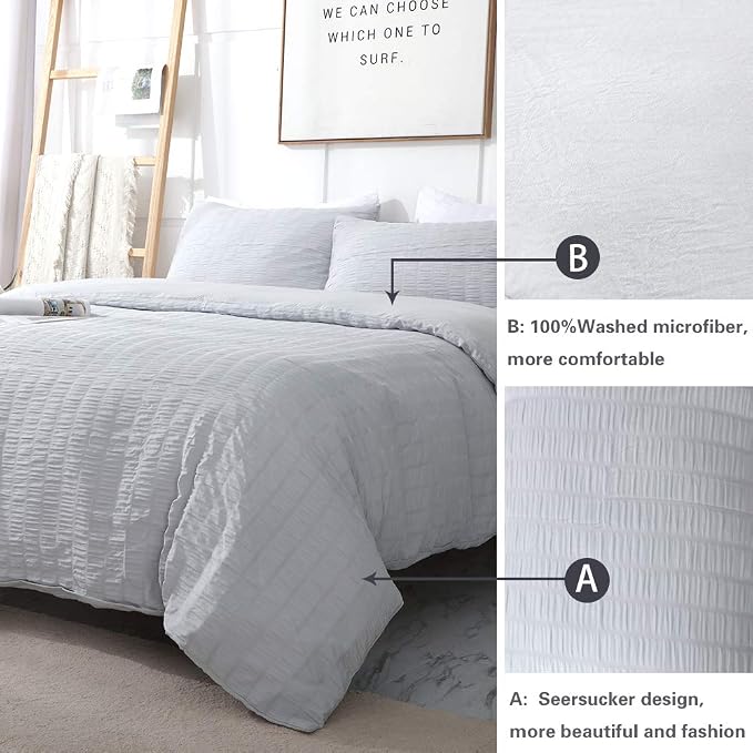 AveLom Light Gray Duvet Cover Cal King, 3 Pieces, Seersucker Striped Soft - Image 7