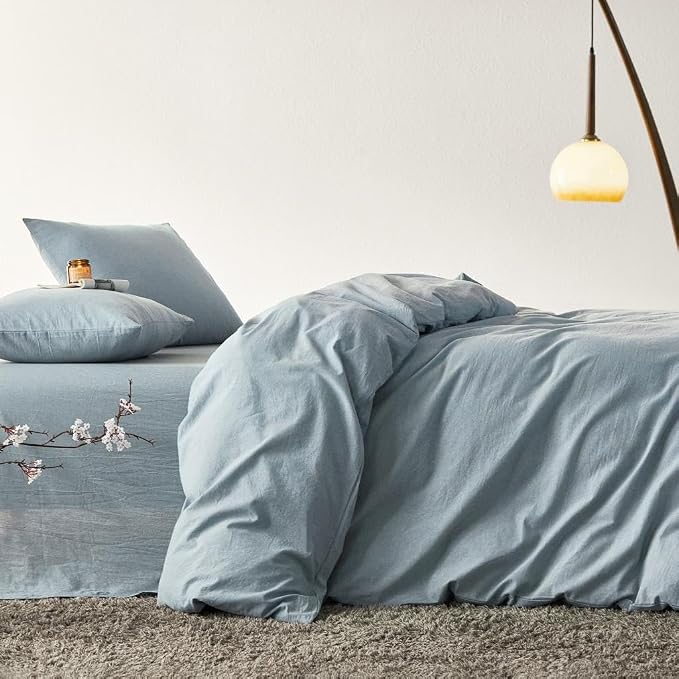 Wake In Cloud - Cotton Duvet Cover Set, Full Size, Light Denim Blue, 100% - Image 3