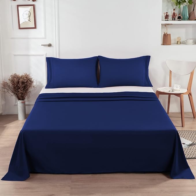 Lirex Navy Blue Twin Flat Sheet Only, Ultra Soft & Breathable Brushed 1800 - Image 6