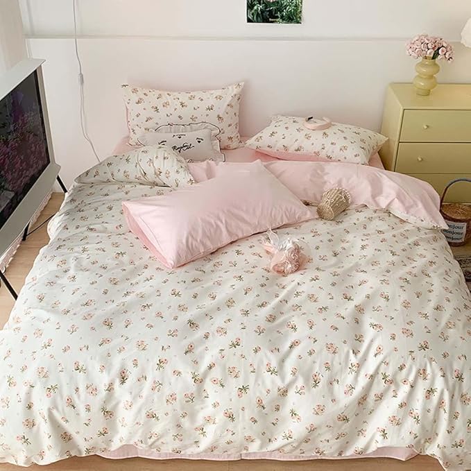 Nayoroom Pink Floral Duvet Cover Queen Size Reversible Green Botanical Leaf - Image 5